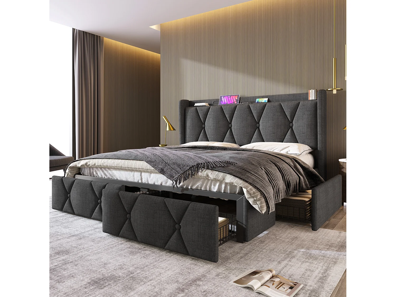 Lit capitonné 160 x 200 cm avec tête de lit et 4 tiroirs - USB - tissu en lin - gris