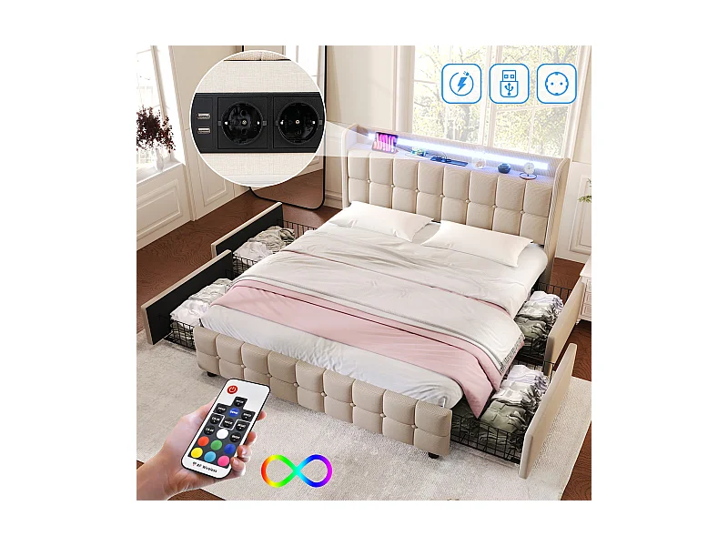 Polsterbett für Erwachsene 160 x 200 cm mit 4 Schubladen – USB + LEDs – Leinenstoff – Beige