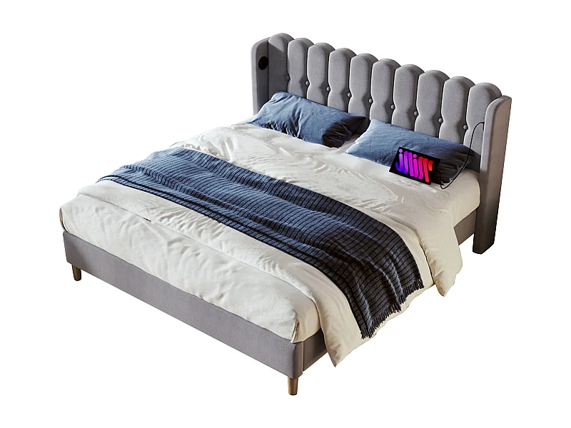 Gepolstertes Bett 180 x 200 cm für Erwachsene – USB + Typ C – Leinenstoff – Grau