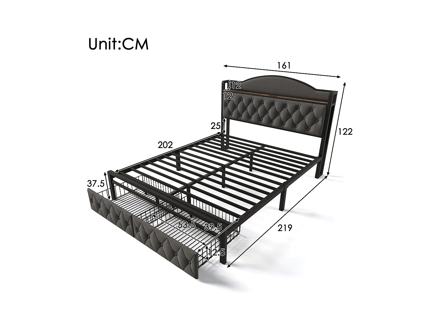 Lit 160 x 200 cm avec tête de lit rangement et 2 tiroirs - USB + Type C - lin + métal - gris