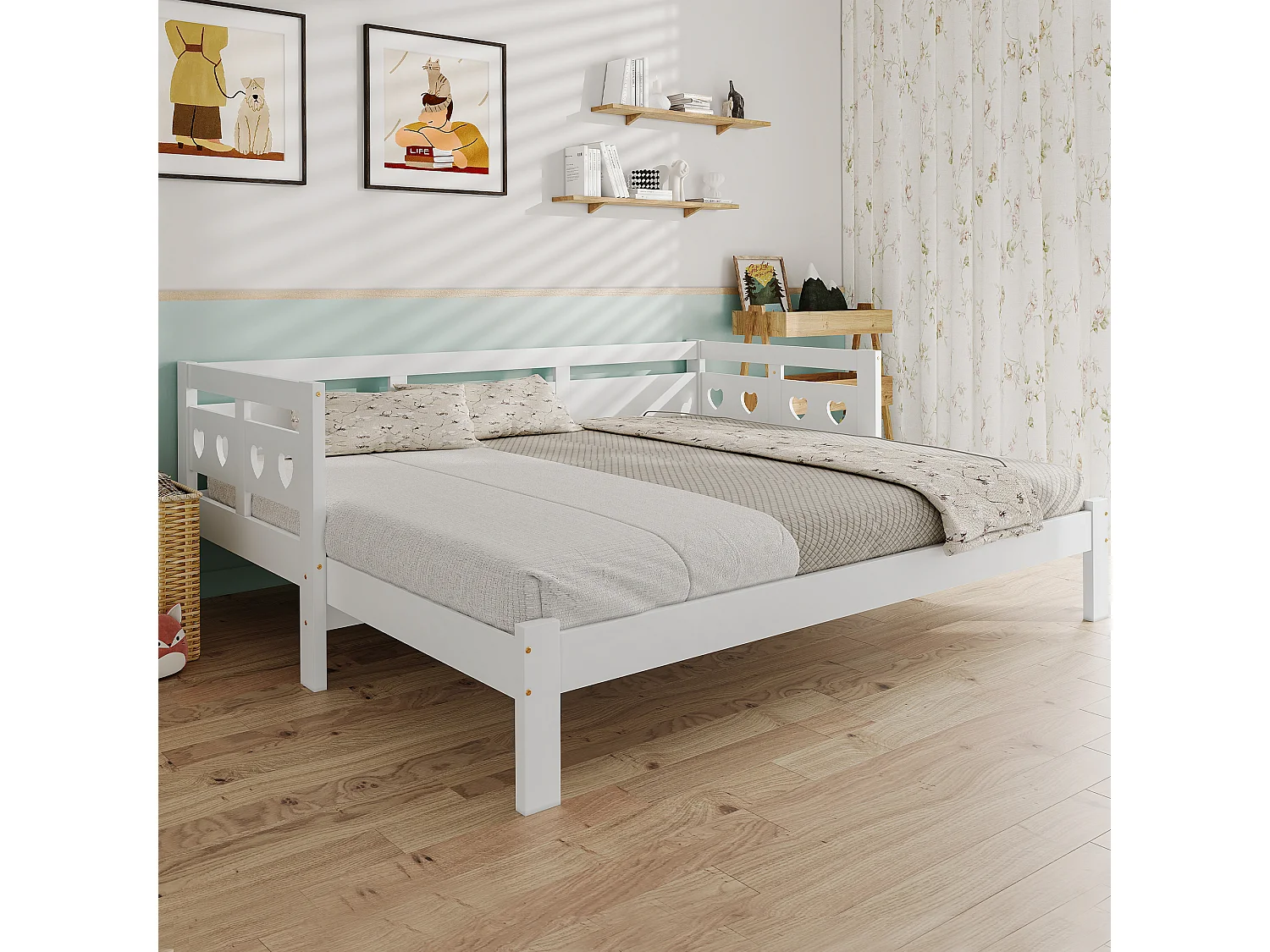 Rollbett 90 x 190 cm – Massivholz – Rollrahmen – Herzmuster – Weiß