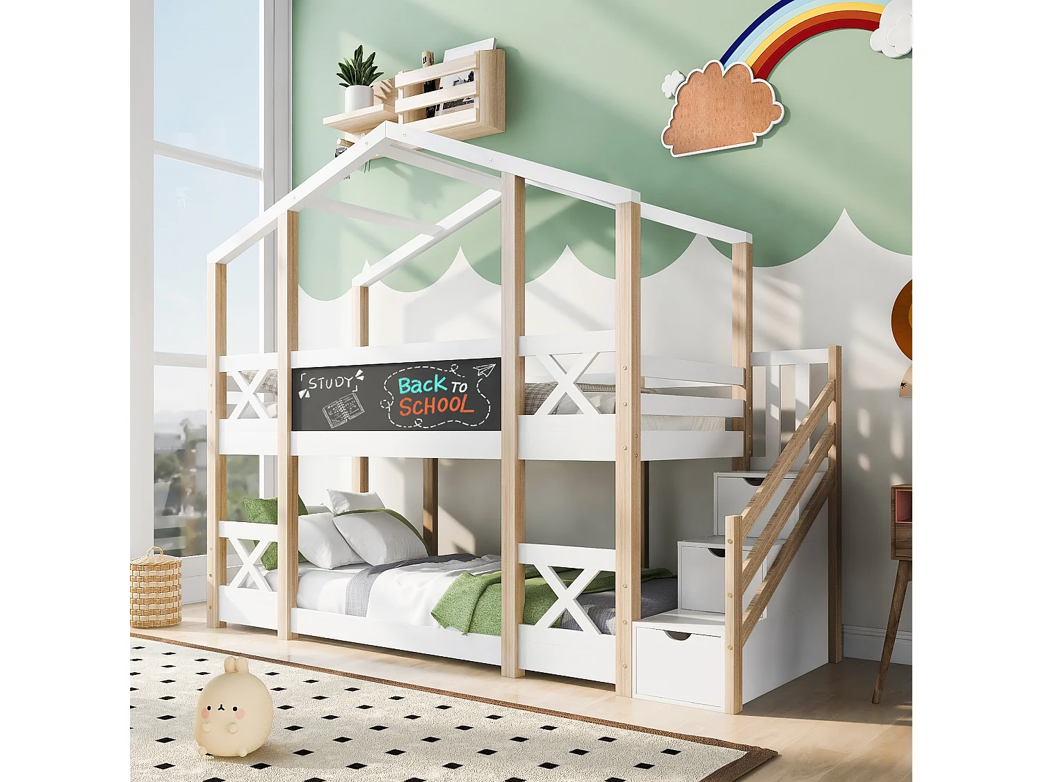 Etagenbetten 2 x 90 x 200 cm für Kinder – Hochbett – Schubladen + Treppe – Weiß + Natur