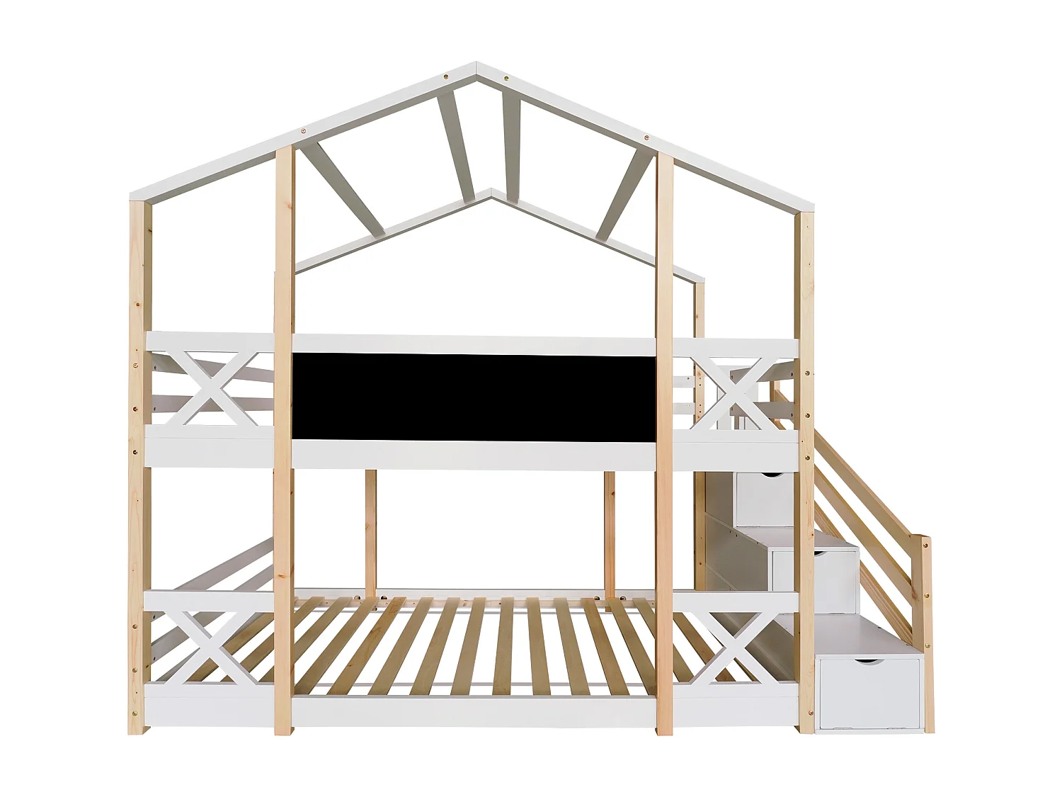 Etagenbetten 2 x 90 x 200 cm für Kinder – Hochbett – Schubladen + Treppe – Weiß + Natur