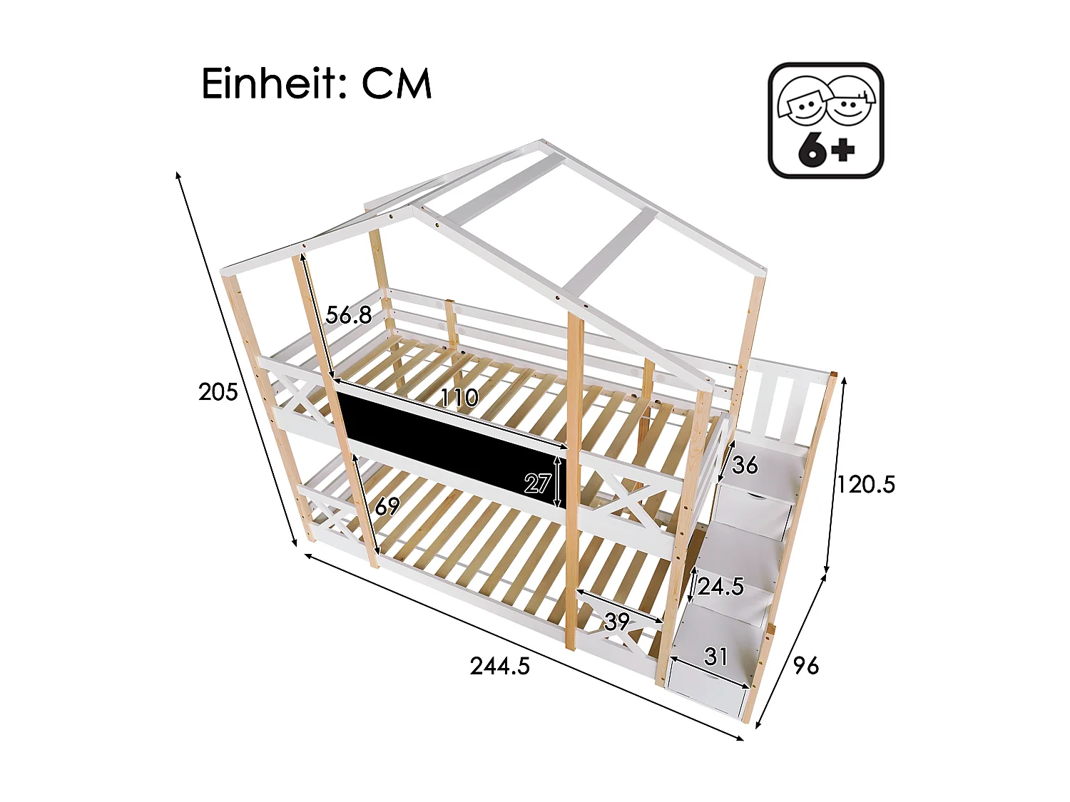 Etagenbetten 2 x 90 x 200 cm für Kinder – Hochbett – Schubladen + Treppe – Weiß + Natur