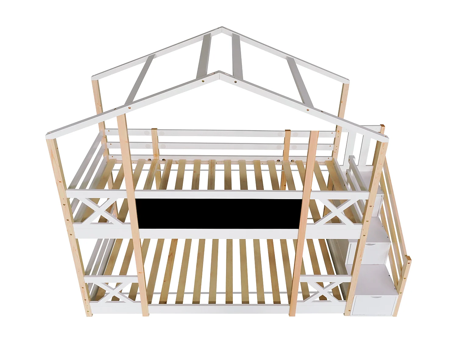 Etagenbetten 2 x 90 x 200 cm für Kinder – Hochbett – Schubladen + Treppe – Weiß + Natur