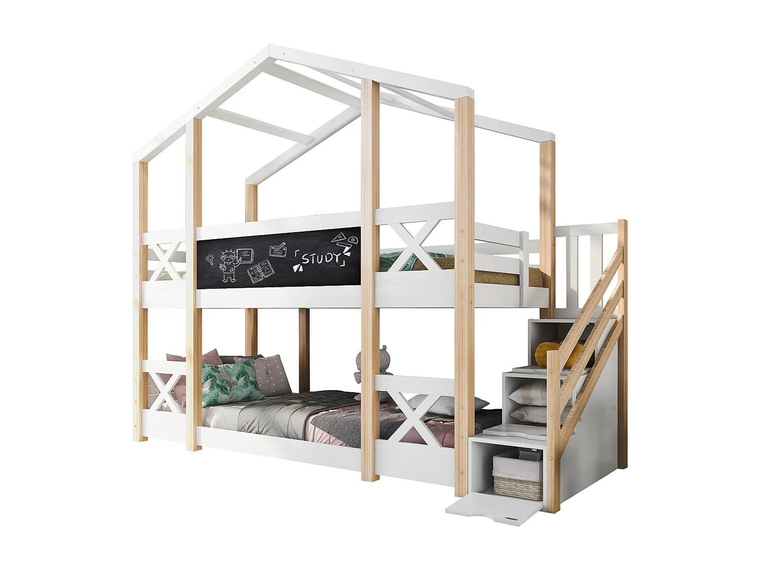 Etagenbetten 2 x 90 x 200 cm für Kinder – Hochbett – Schubladen + Treppe – Weiß + Natur