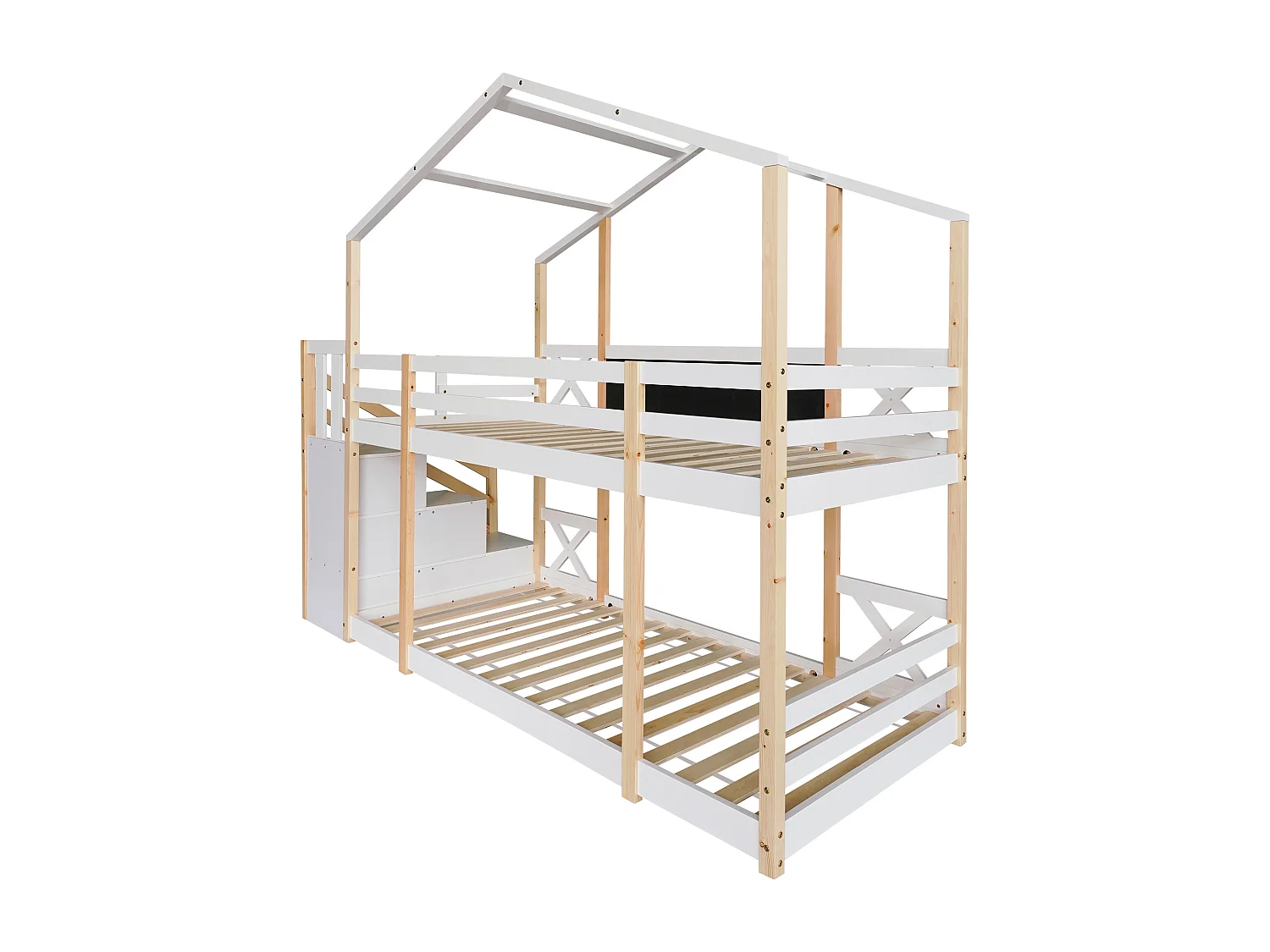 Etagenbetten 2 x 90 x 200 cm für Kinder – Hochbett – Schubladen + Treppe – Weiß + Natur