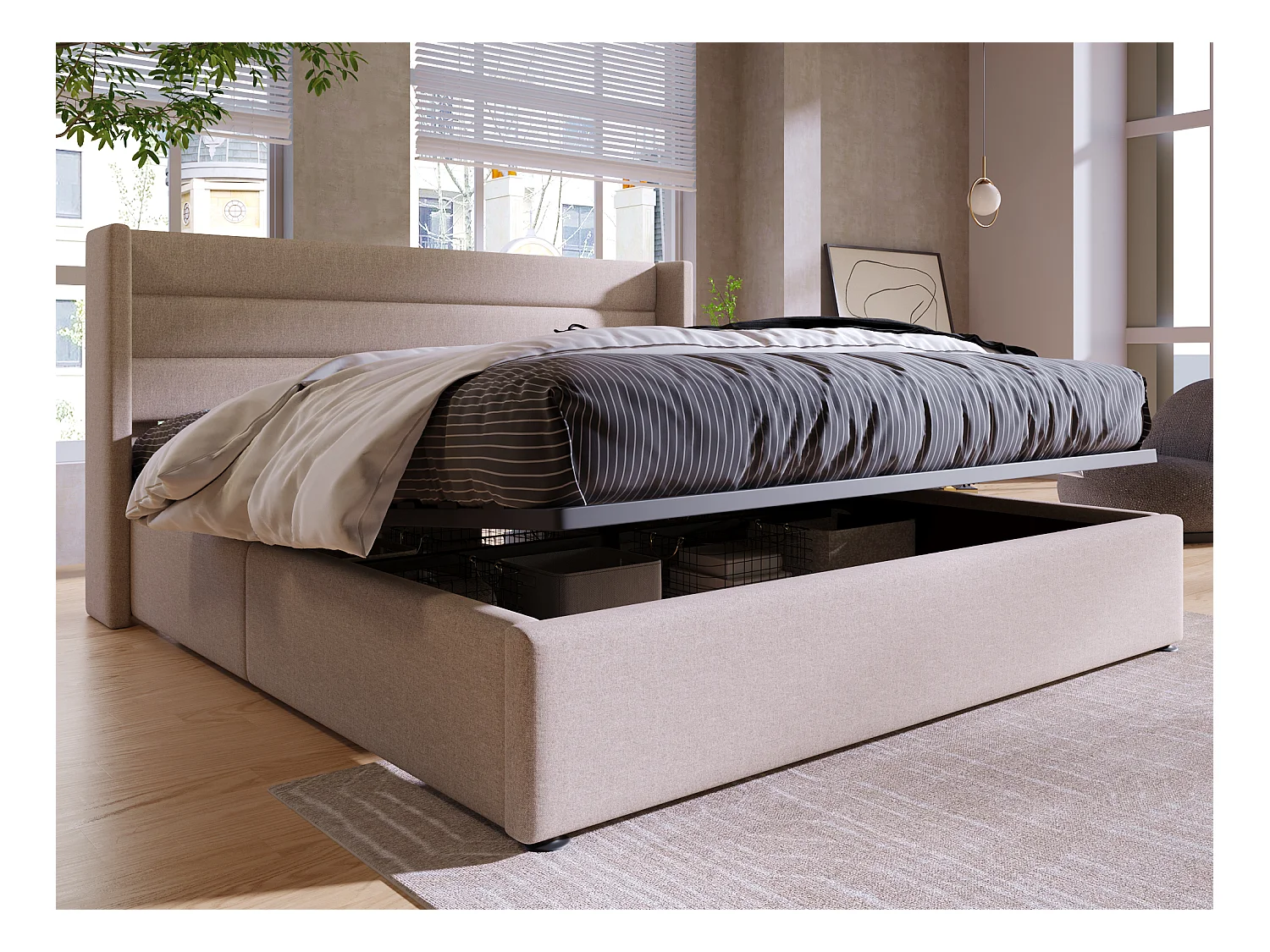 Lit coffre 160 x 200 cm pour adulte - tissu en lin - sommier à lattes - beige