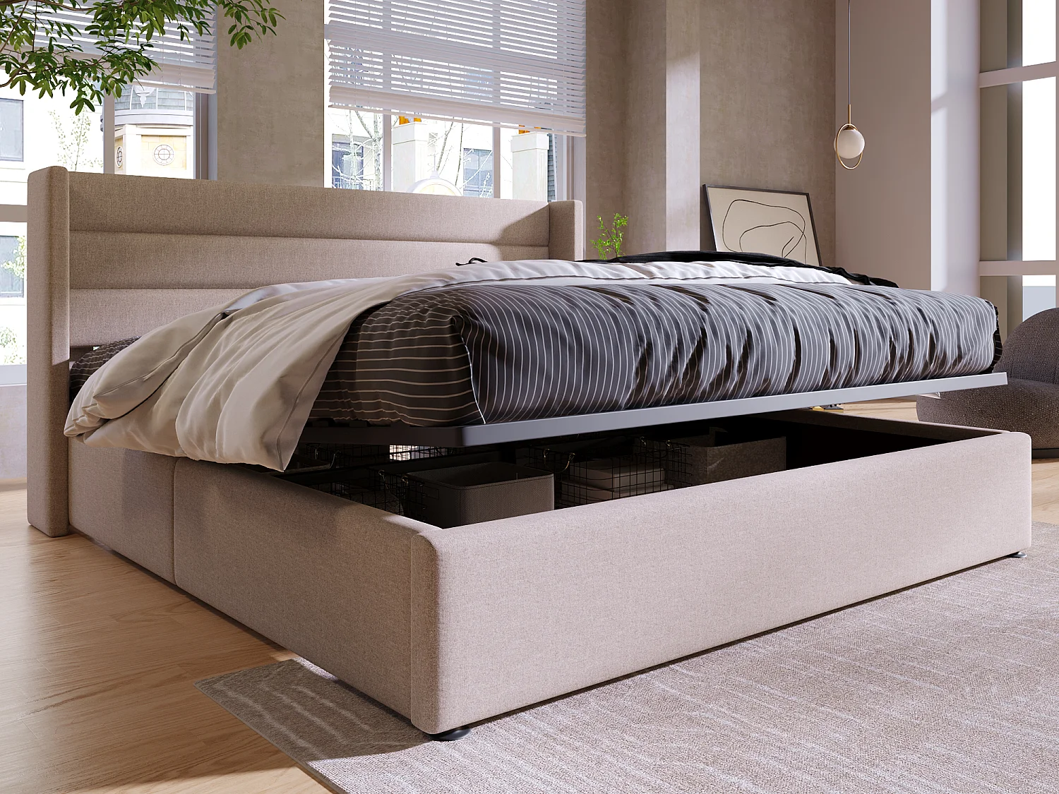 Lit coffre 160 x 200 cm pour adulte - tissu en lin - sommier à lattes - beige