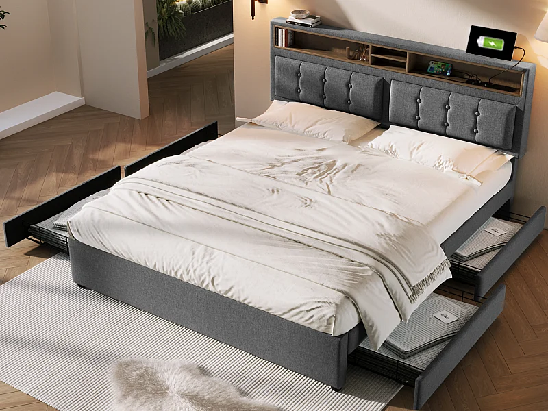 Lit double 140 x 200 cm avec 4 tiroirs et prise USB C - tête de lit réglable - gris