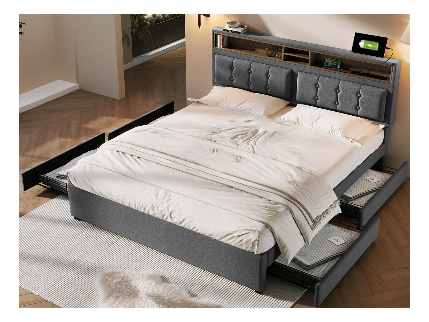 Lit double 140 x 200 cm avec 4 tiroirs et prise USB C - tête de lit réglable - gris
