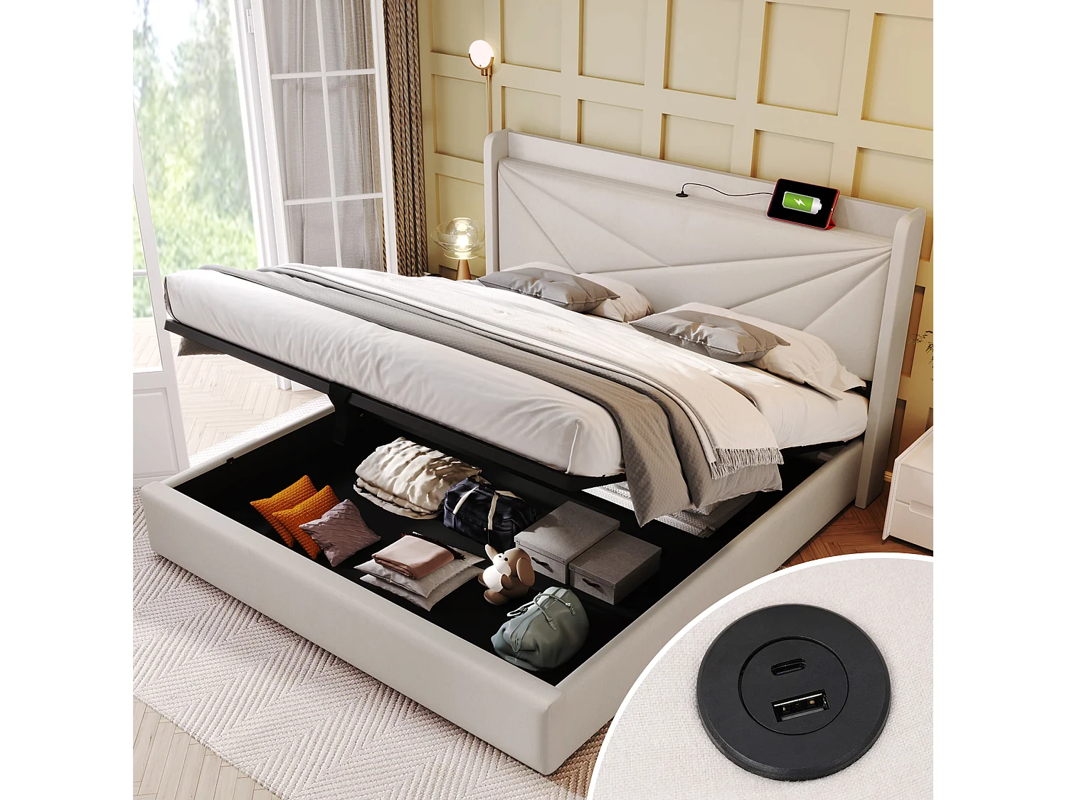 Lit coffre 160 x 200 cm - USB + type C - tissu en lin - beige