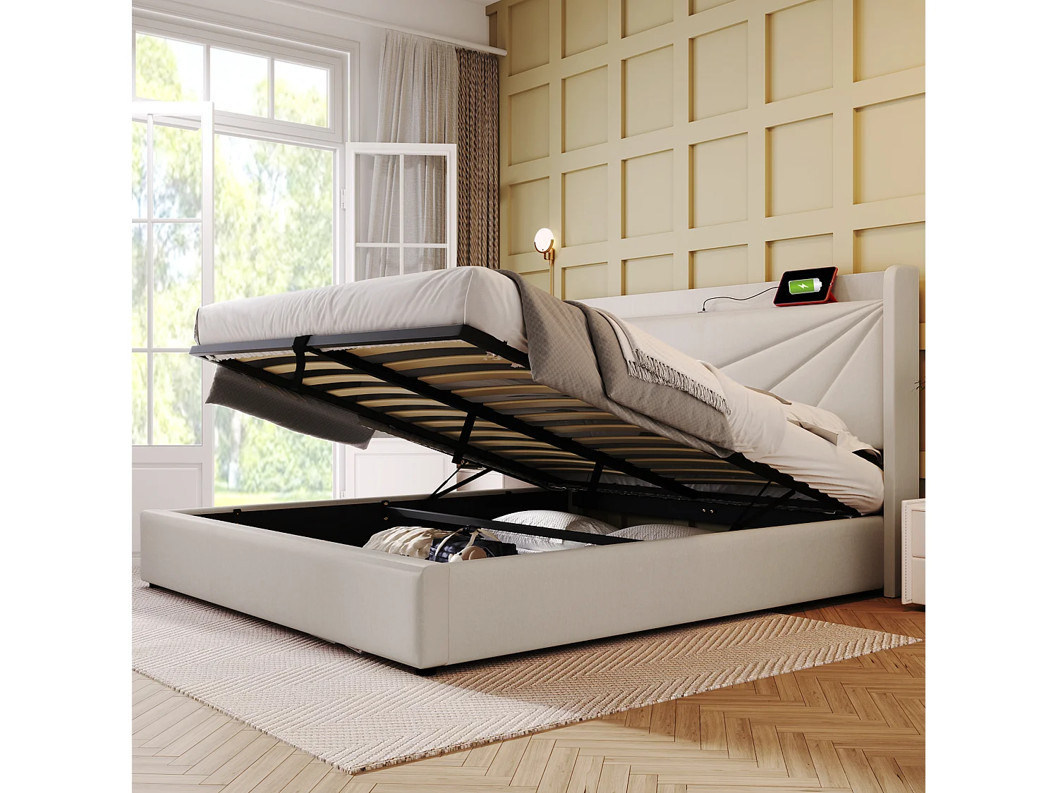 Lit coffre 160 x 200 cm - USB + type C - tissu en lin - beige