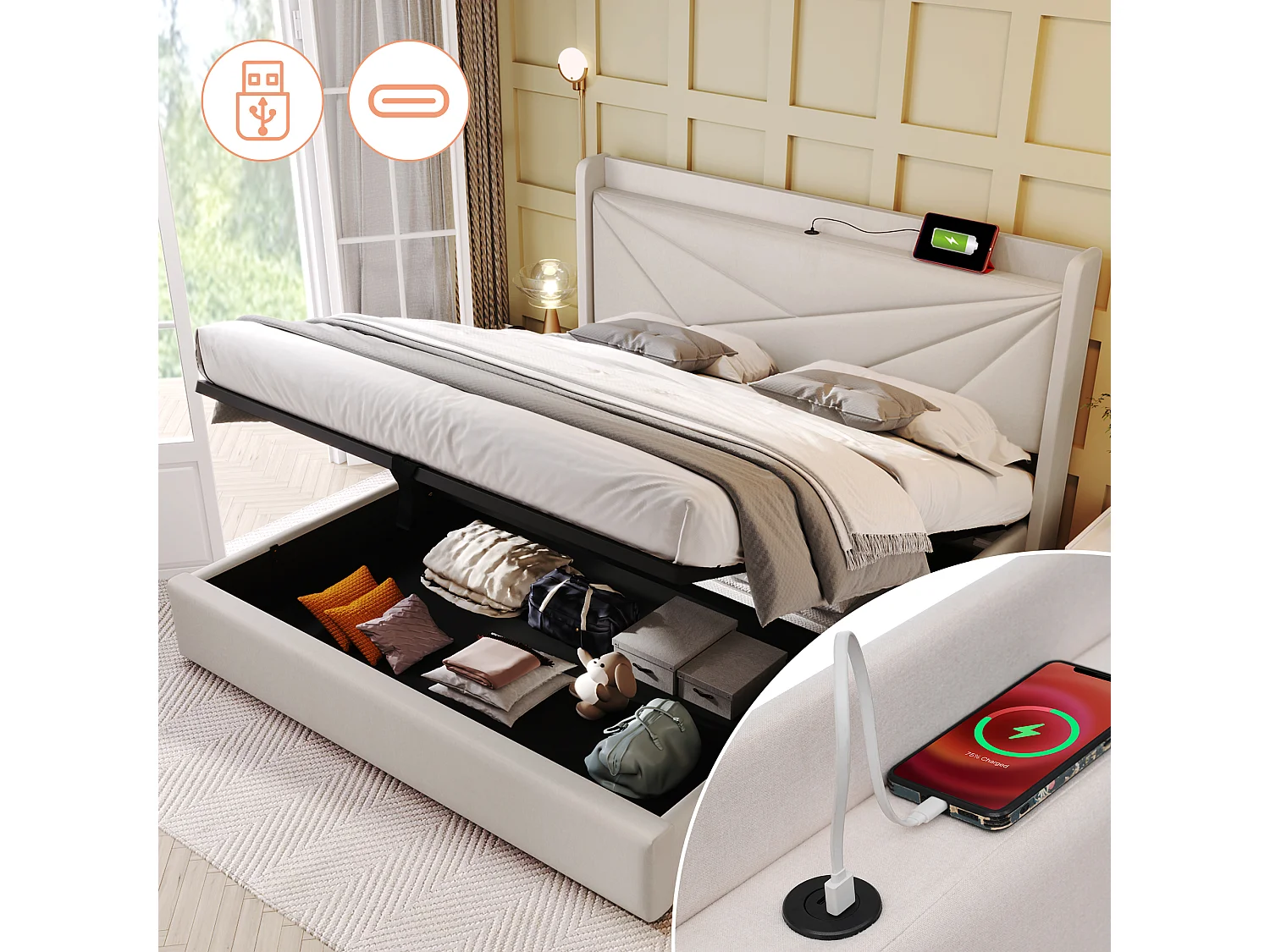 Letto contenitore 160 x 200 cm - USB + tipo C - tessuto lino - beige