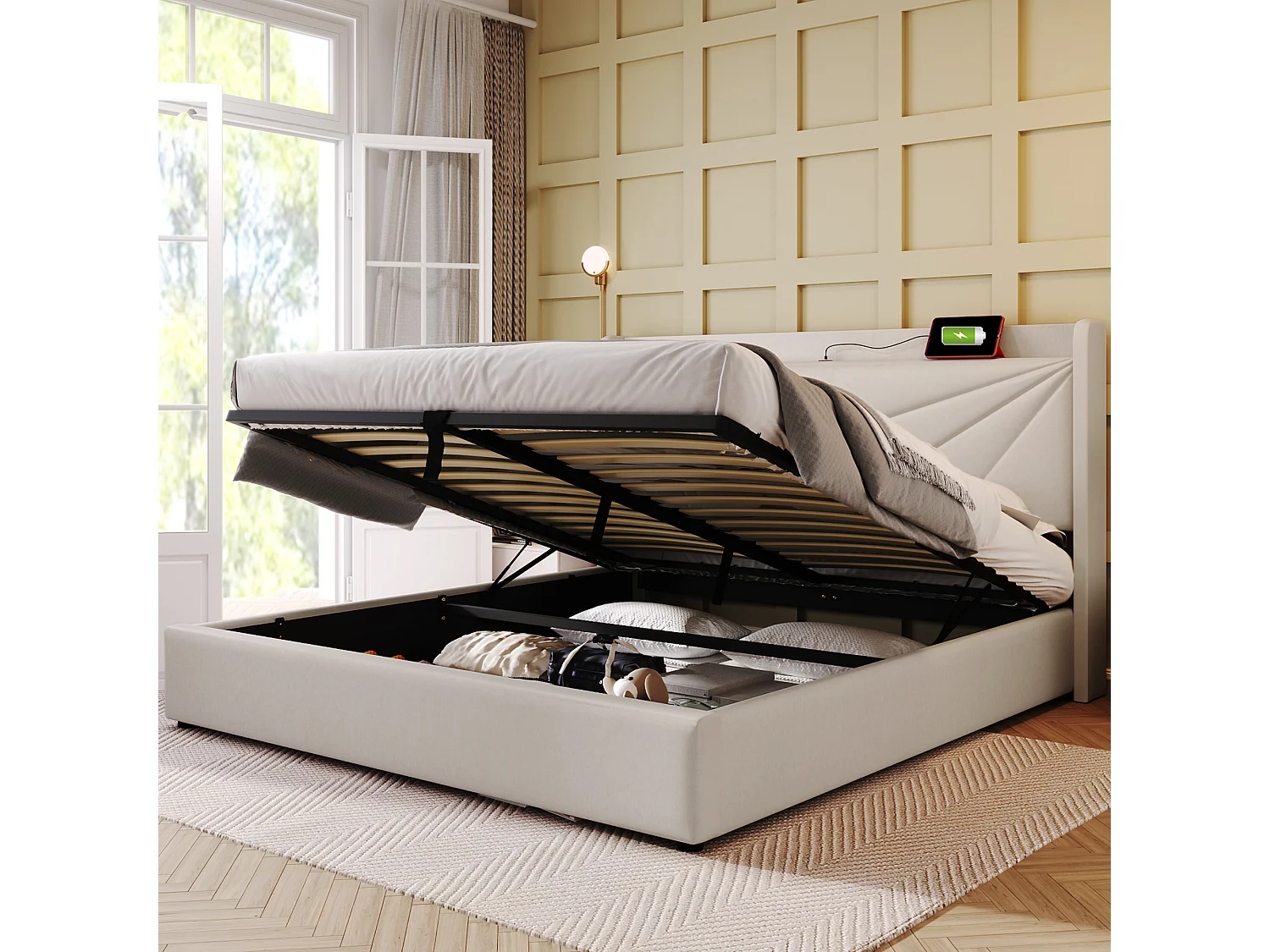 Letto contenitore 160 x 200 cm - USB + tipo C - tessuto lino - beige