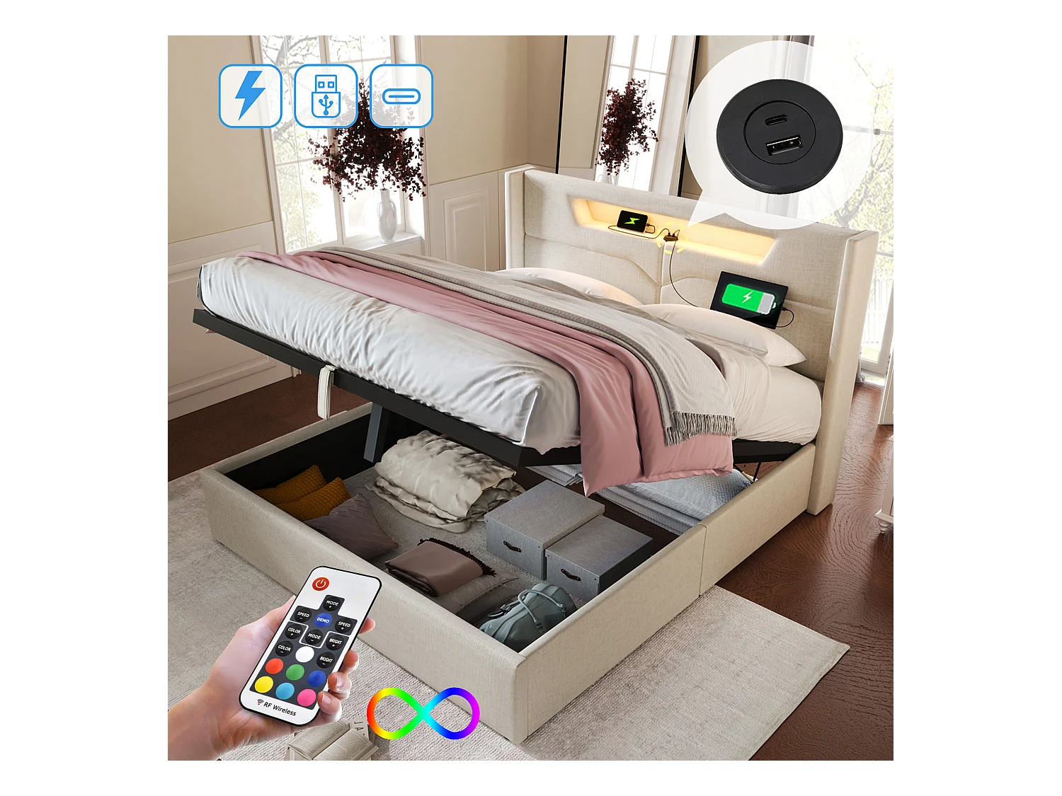 Stauraumbett für Erwachsene 140 x 200 cm mit Kopfteil – USB + Typ C + LEDs – Leinenstoff – Beige