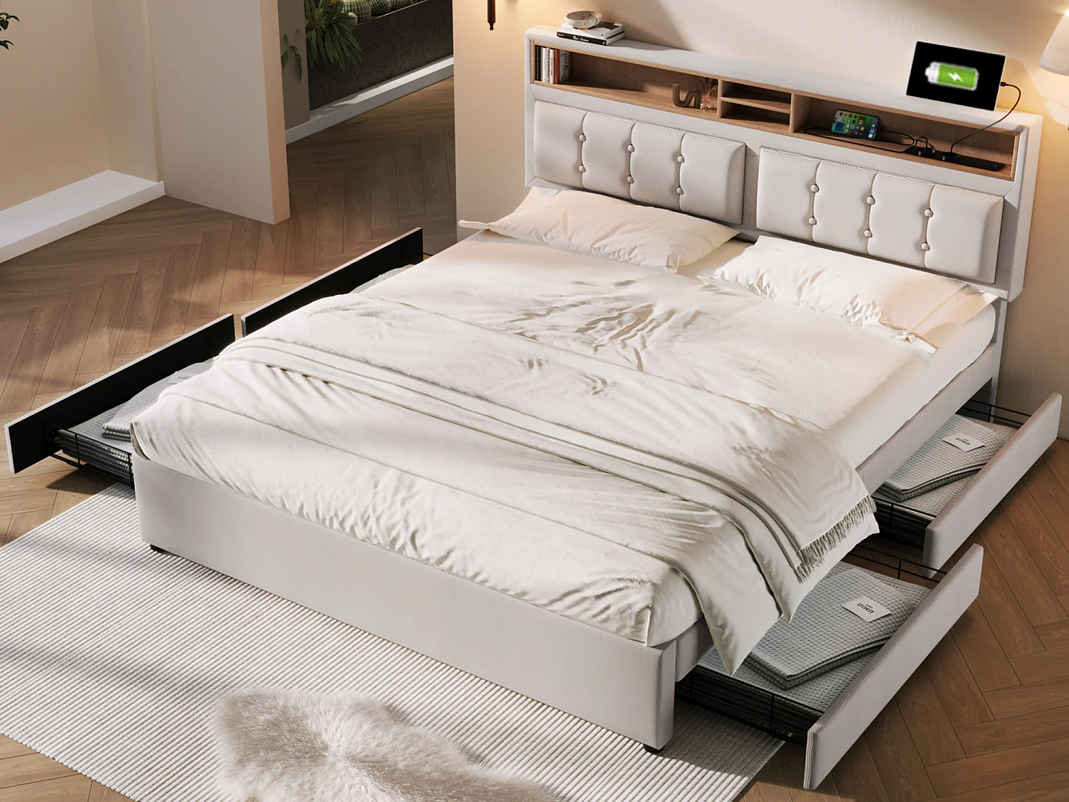 Doppelbett 160 x 200 cm mit 4 Schubladen und USB-C-Buchse – verstellbares Kopfteil – Beige