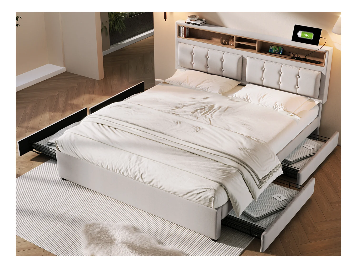 Lit double 160 x 200 cm avec 4 tiroirs et prise USB C - tête de lit réglable - beige