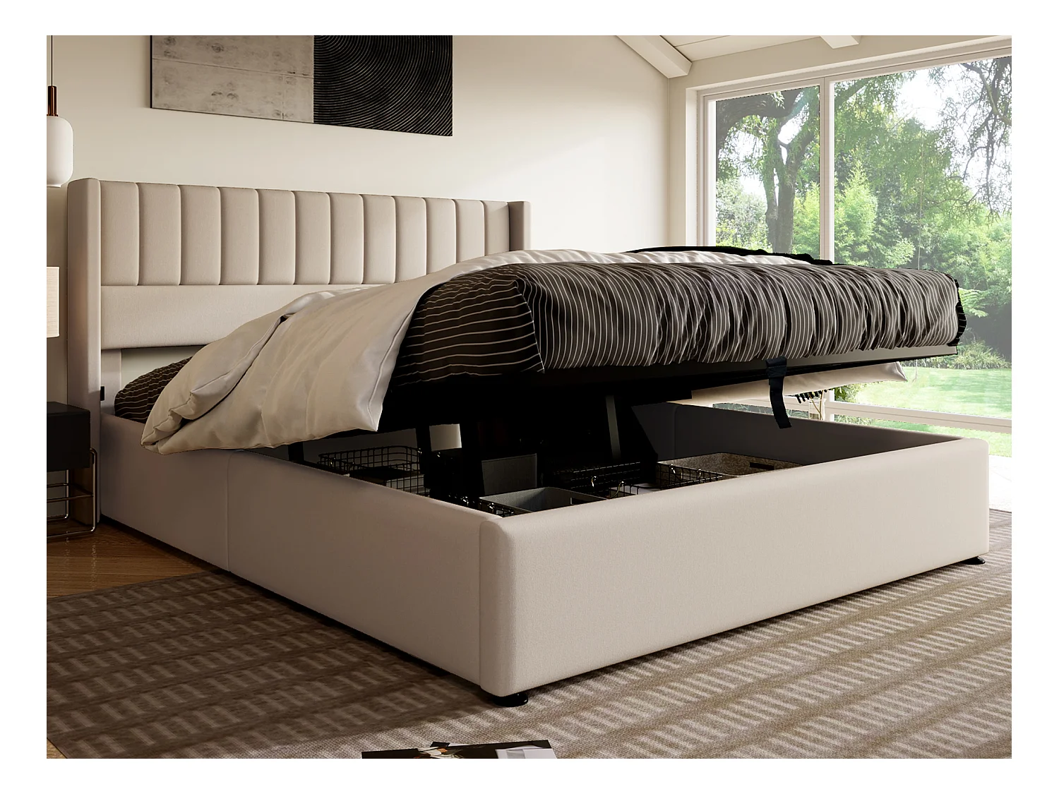 Lit coffre 180 x 200 cm - tissu lin - sommier à lattes - beige