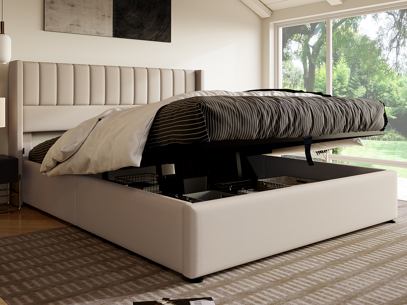 Lit coffre matelassé Carita 180x200cm tissu beige