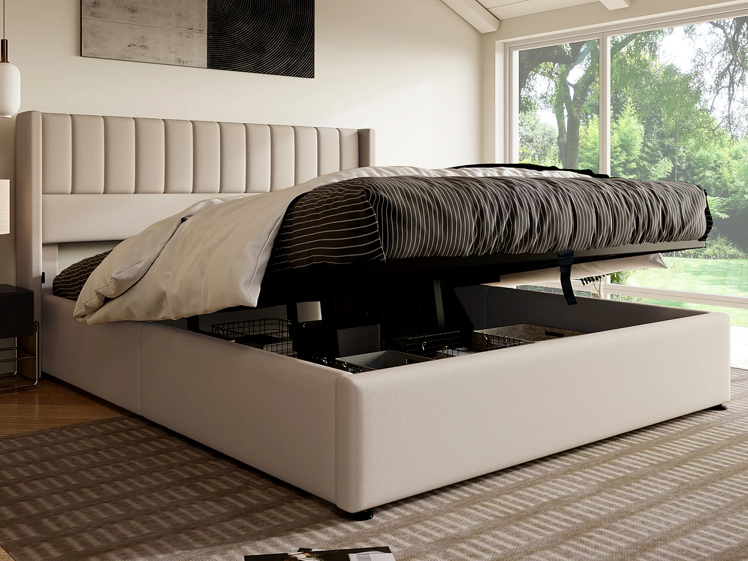 Lit coffre 180 x 200 cm - tissu lin - sommier à lattes - beige