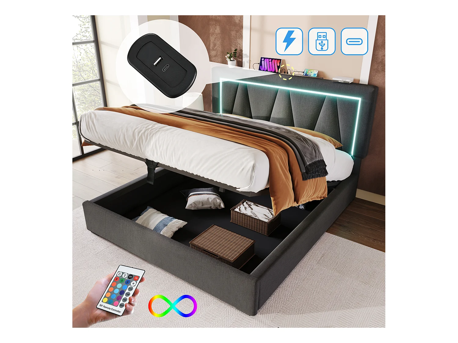 Opbergbed 140 x 200 cm voor volwassenen - USB + Type C + LED's - linnen stof - grijs