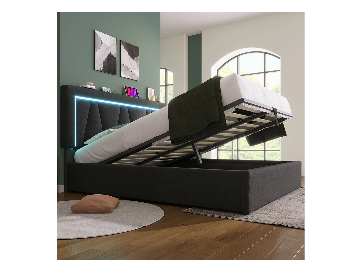 Opbergbed 140 x 200 cm voor volwassenen - USB + Type C + LED's - linnen stof - grijs