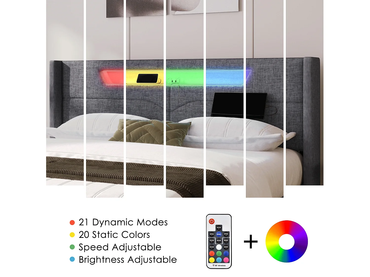 Lit coffre adulte 140 x 200 cm avec tête de lit - USB  + Type C + LEDs - tissu lin - gris