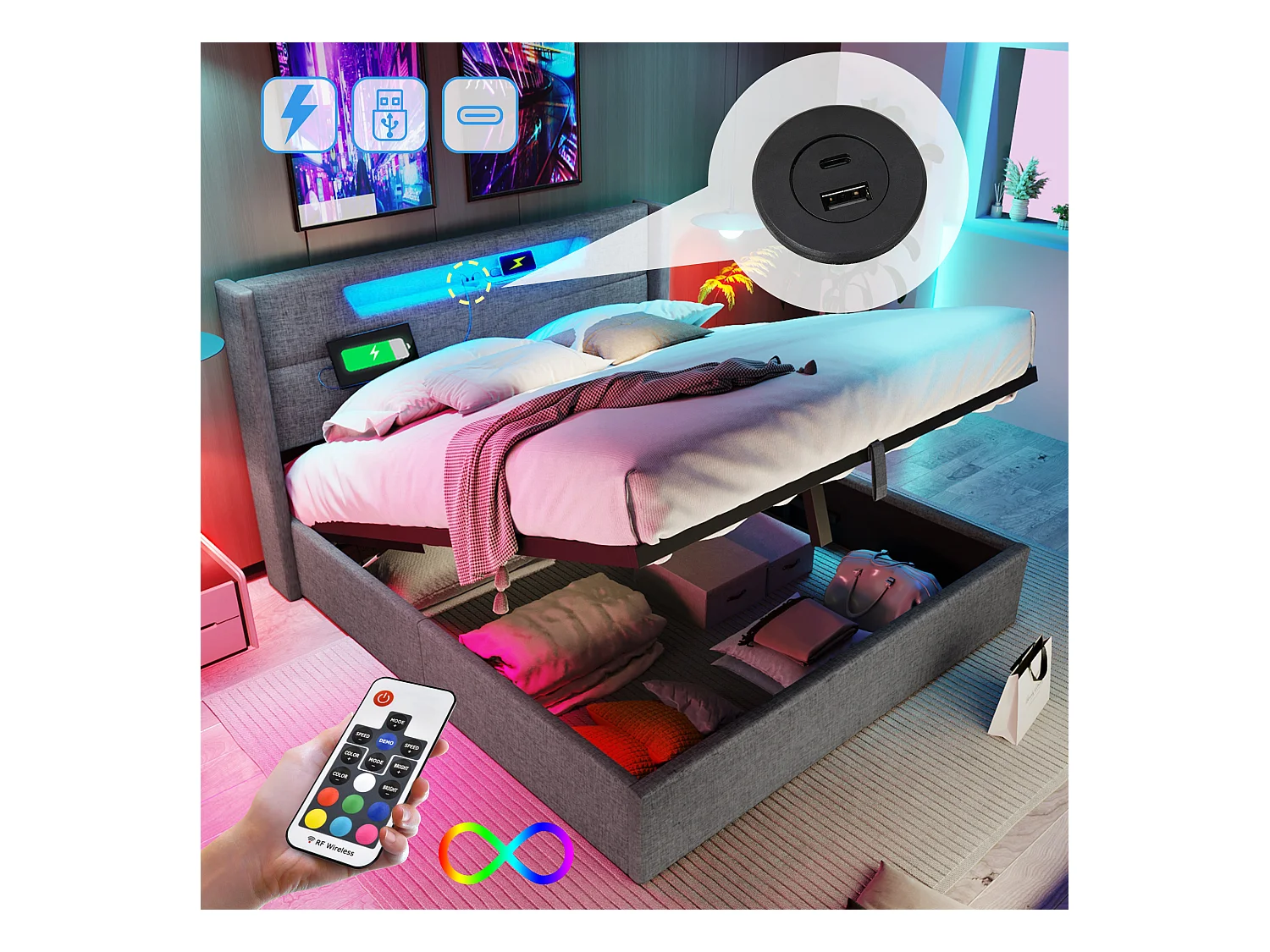 Opbergbed voor volwassenen 140 x 200 cm met hoofdeinde - USB + Type C + LED's - linnen stof - grijs