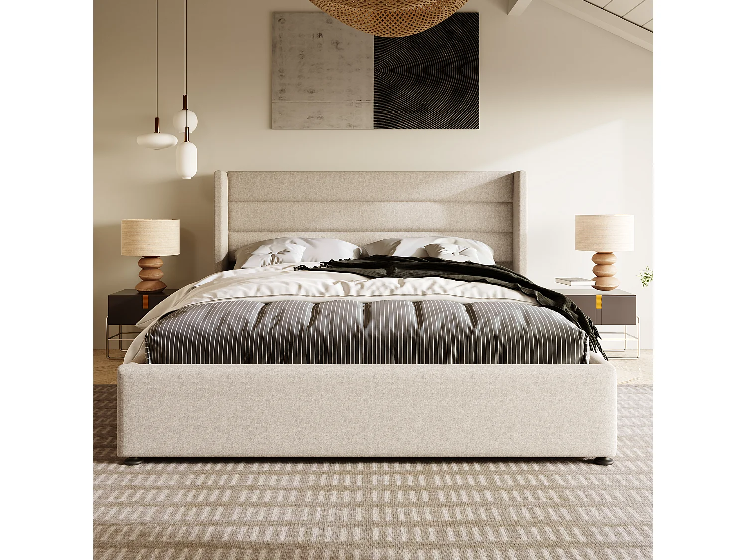 Lit coffre 160 x 200 cm avec matelas - tissu en lin - sommier à lattes - beige