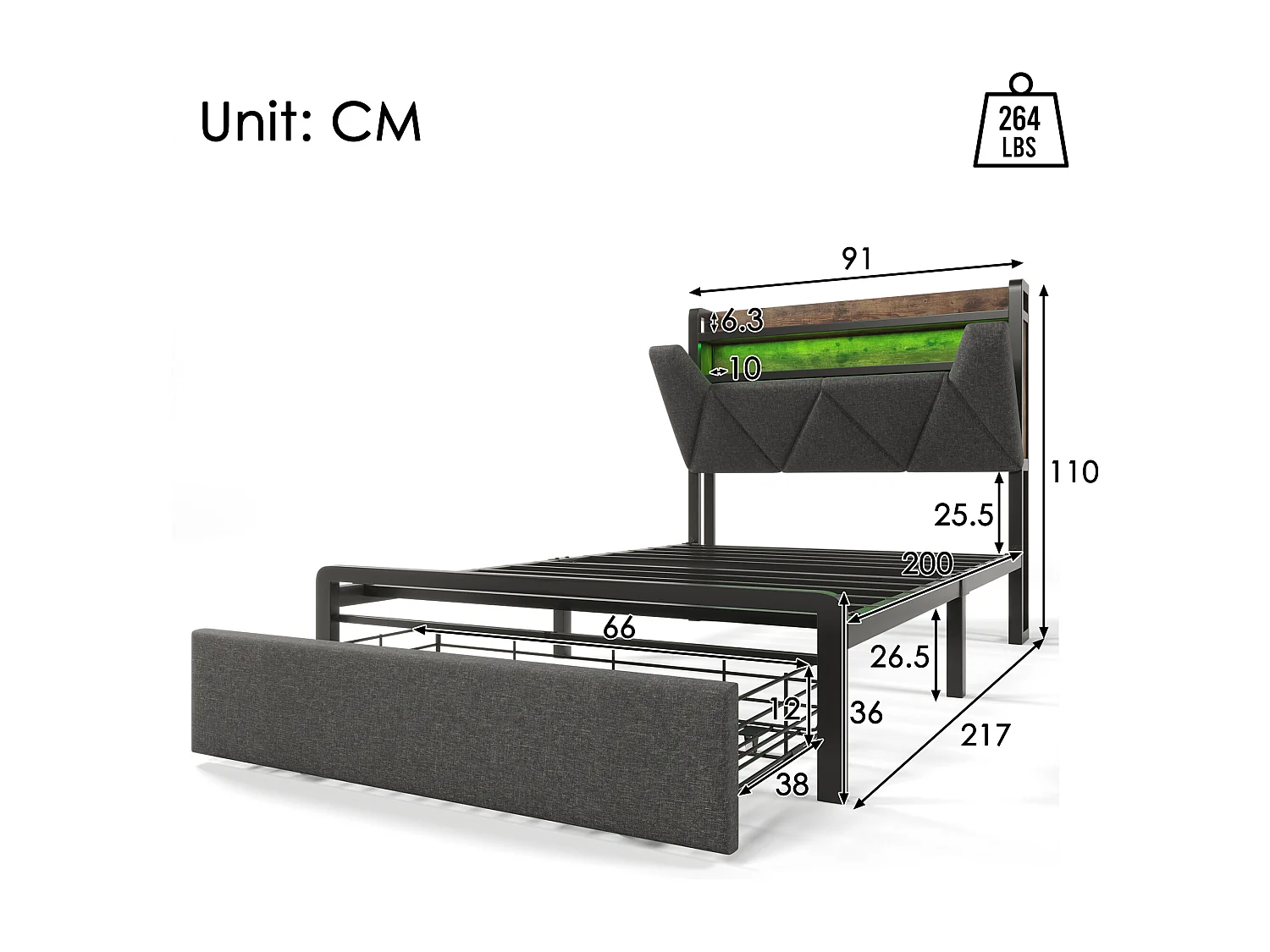 Kinderbett 90 x 200 cm mit Schublade und Kopfteil – USB + Typ C + LEDs – Leinen – Grau