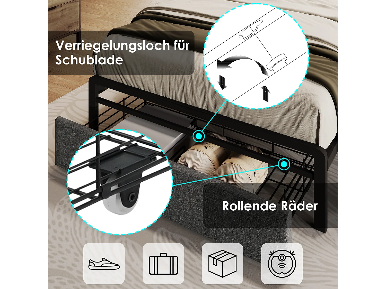 Kinderbett 90 x 200 cm mit Schublade und Kopfteil – USB + Typ C + LEDs – Leinen – Grau