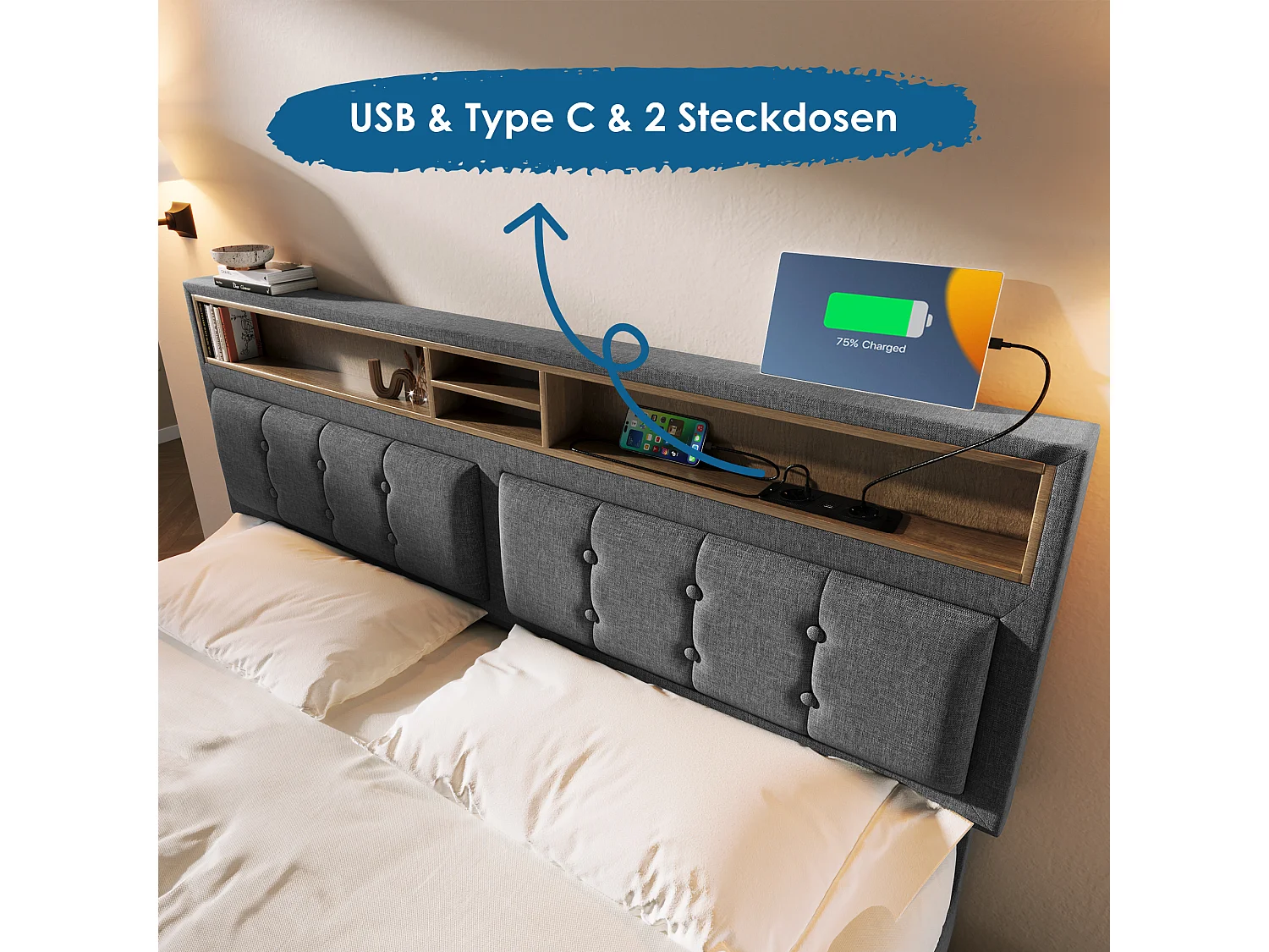 Lit double 160 x 200 cm avec 4 tiroirs et prise USB C - tête de lit réglable - gris