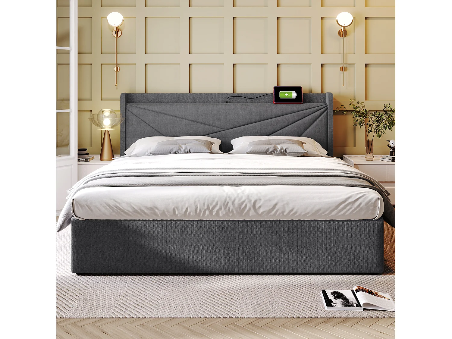 Opbergbed 140 x 200 cm met hoofdeinde - USB + type C - linnen stof - grijs