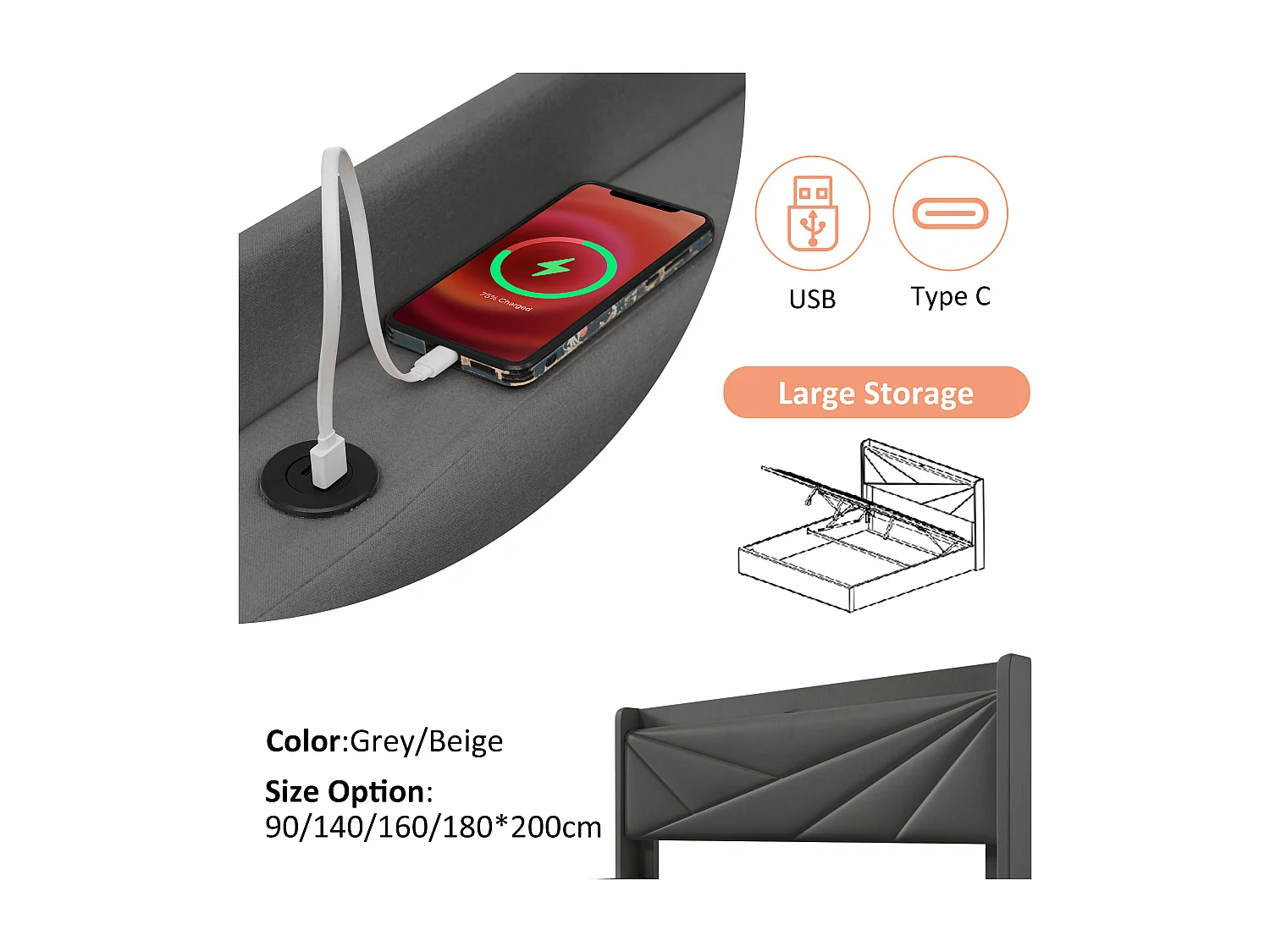 Lit coffre 140 x 200 cm avec tête de lit - USB + type C - tissu en lin - gris