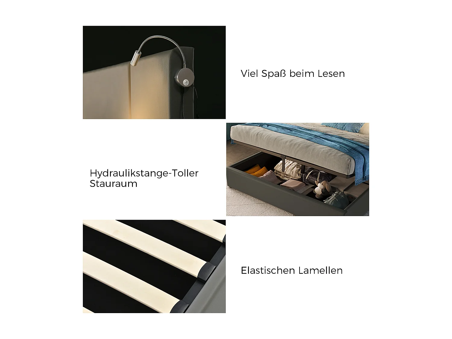 Lit coffre 160 x 200 cm avec tête de lit - cuir PU - USB + lampe de lecture - gris