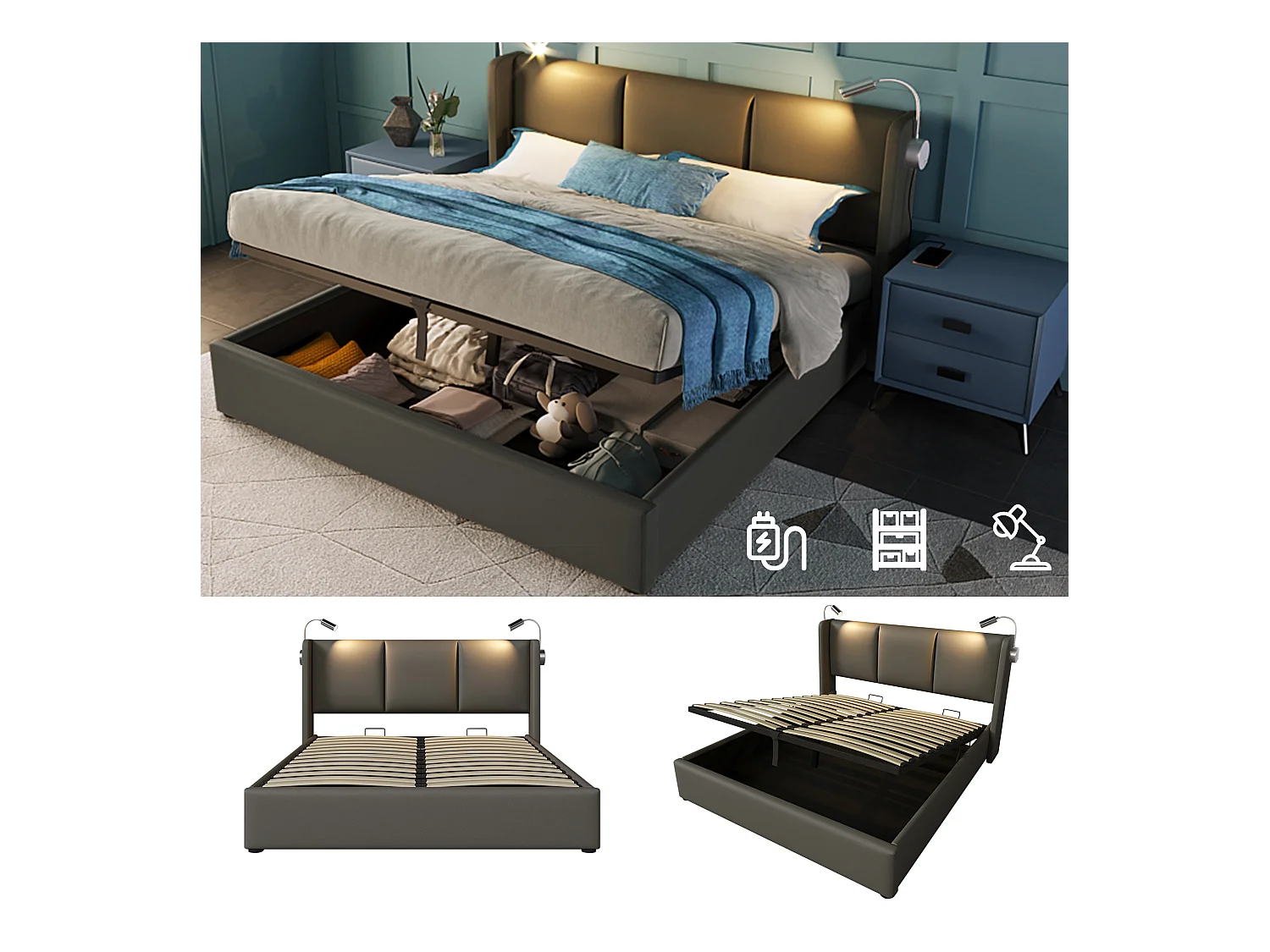 Lit coffre 160 x 200 cm avec tête de lit - cuir PU - USB + lampe de lecture - gris