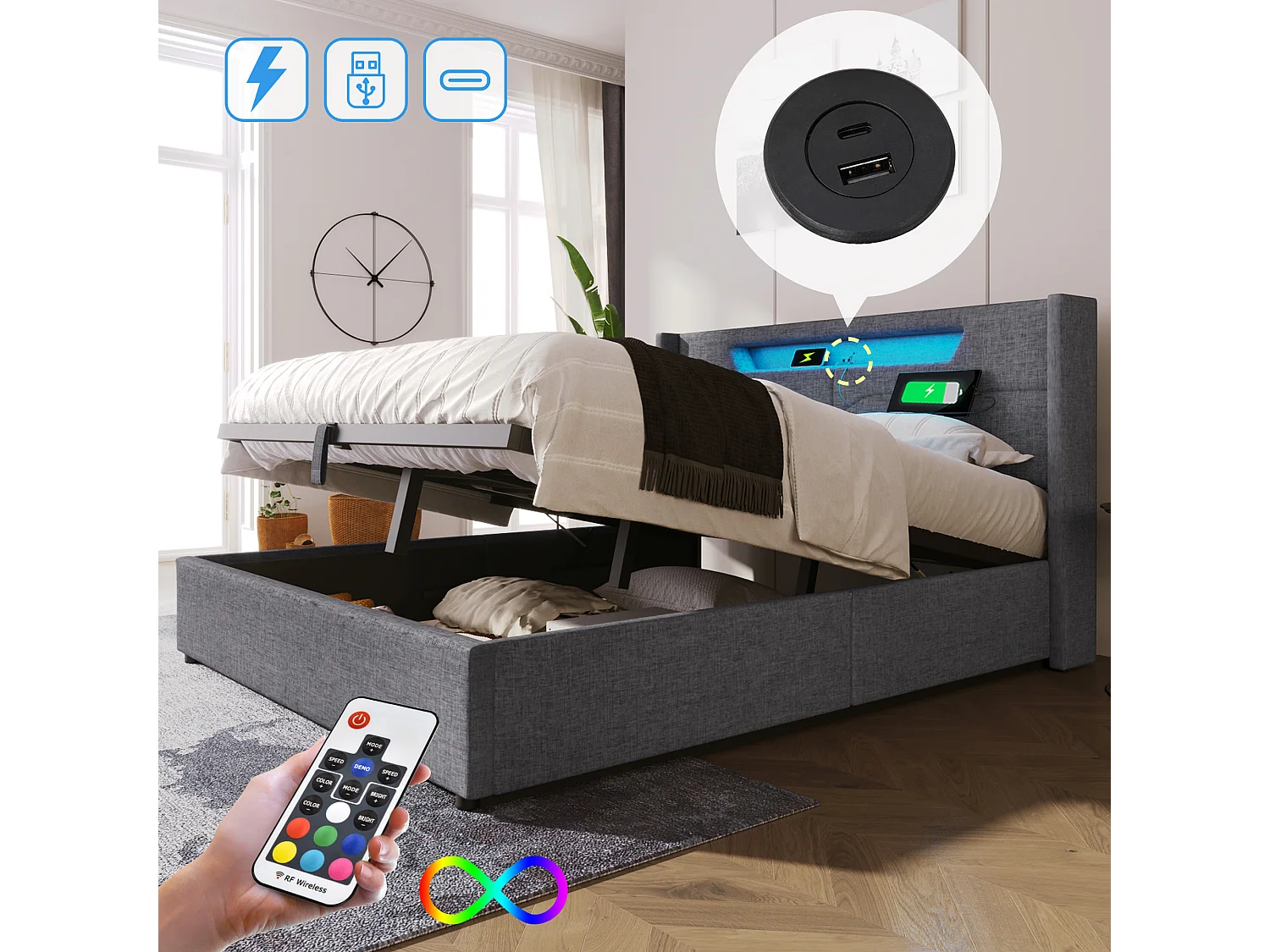 Cama de armazenamento para adulto 160 x 200 cm com cabeceira - USB + Tipo C + LEDs - tecido de linho - cinza