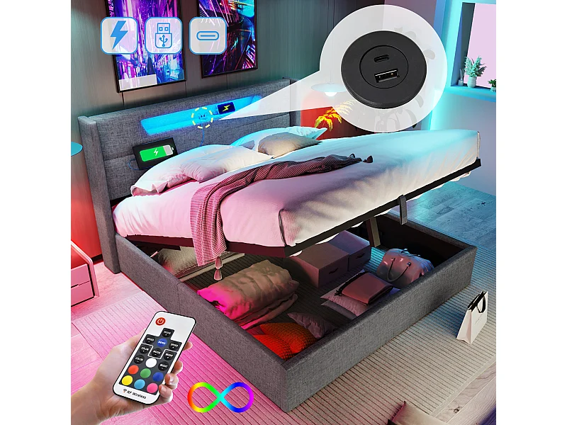 Lit coffre adulte 160 x 200 cm avec tête de lit - USB  + Type C + LEDs - tissu lin - gris