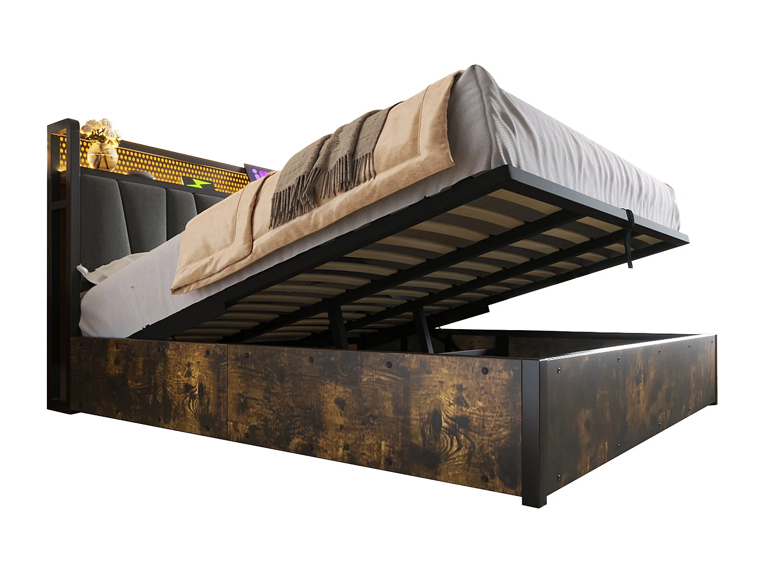 Letto contenitore per adulti 160 x 200 cm - App Control LED + USB - legno + lino - stile industriale - grigio