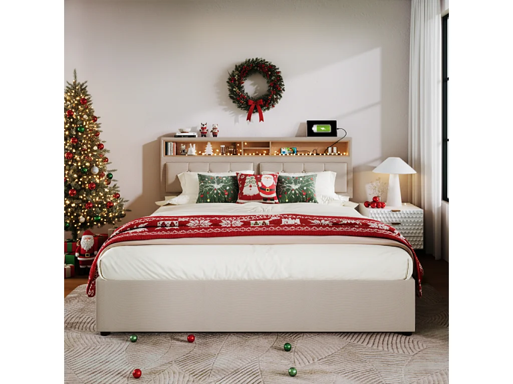 Lit coffre 160 x 200 cm avec tête de lit rangement - USB - tissu en lin - beige