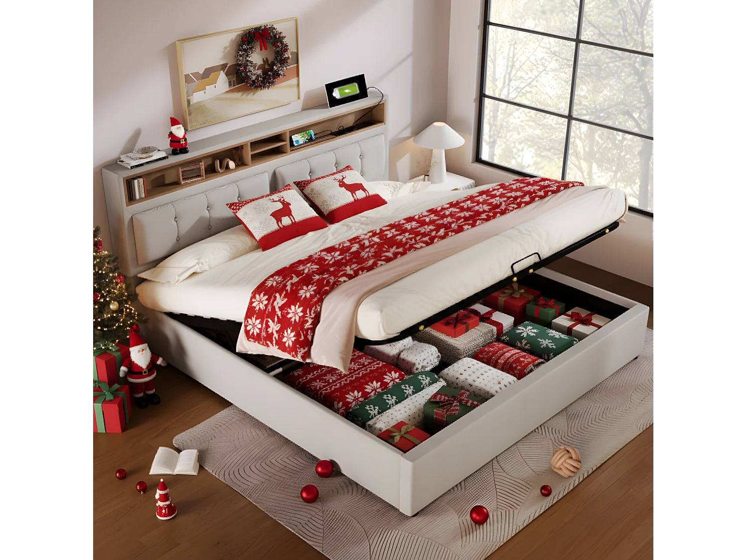 Lit coffre 160 x 200 cm avec tête de lit rangement - USB - tissu en lin - beige