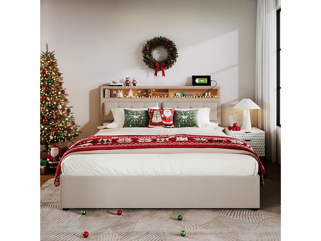 Lit coffre 160 x 200 cm avec tête de lit rangement - USB - tissu en lin - beige