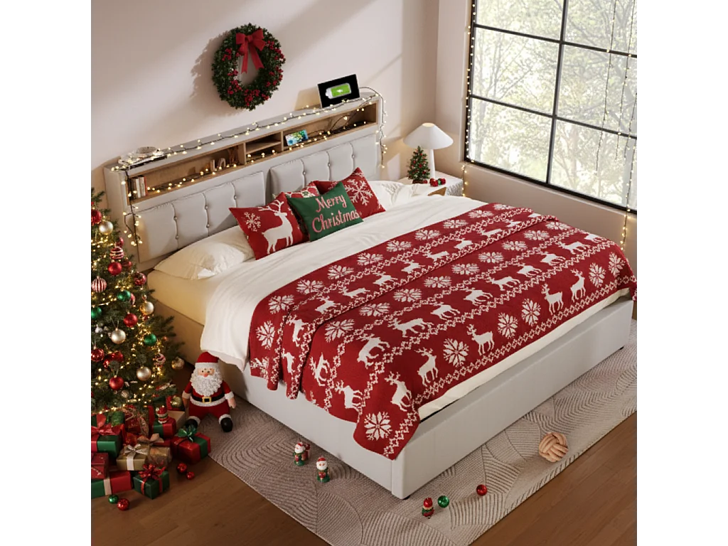 Lit coffre 160 x 200 cm avec tête de lit rangement - USB - tissu en lin - beige