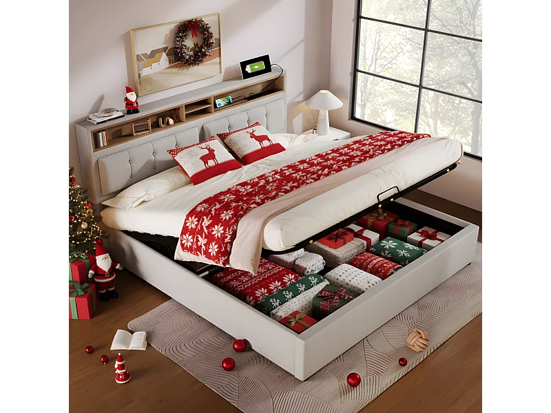 Lit coffre 160 x 200 cm avec tête de lit rangement - USB - tissu en lin - beige