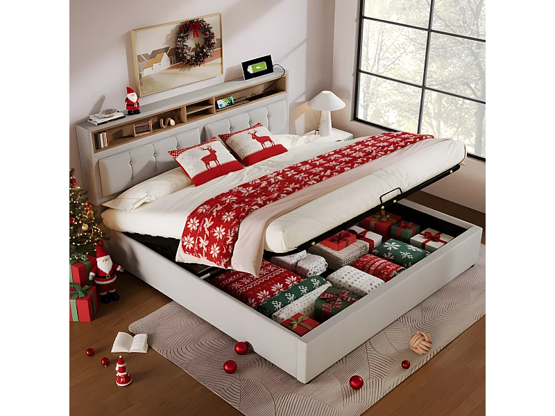 Lit coffre 160 x 200 cm avec tête de lit rangement - USB - tissu en lin - beige