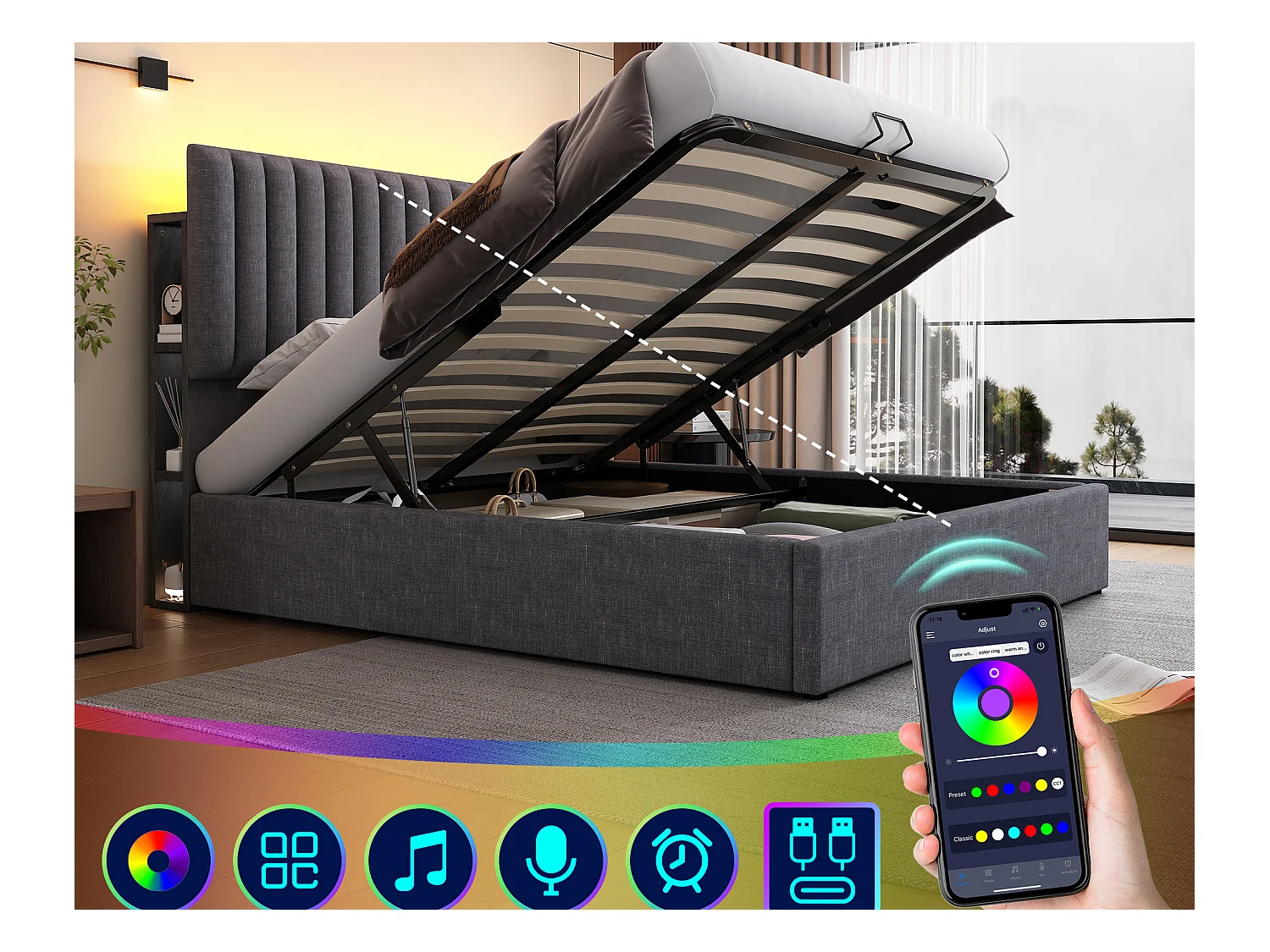 Lit coffre adulte 160 x 200 cm avec tête de lit réglable - USB + Type C + LEDs - tissu lin - gris