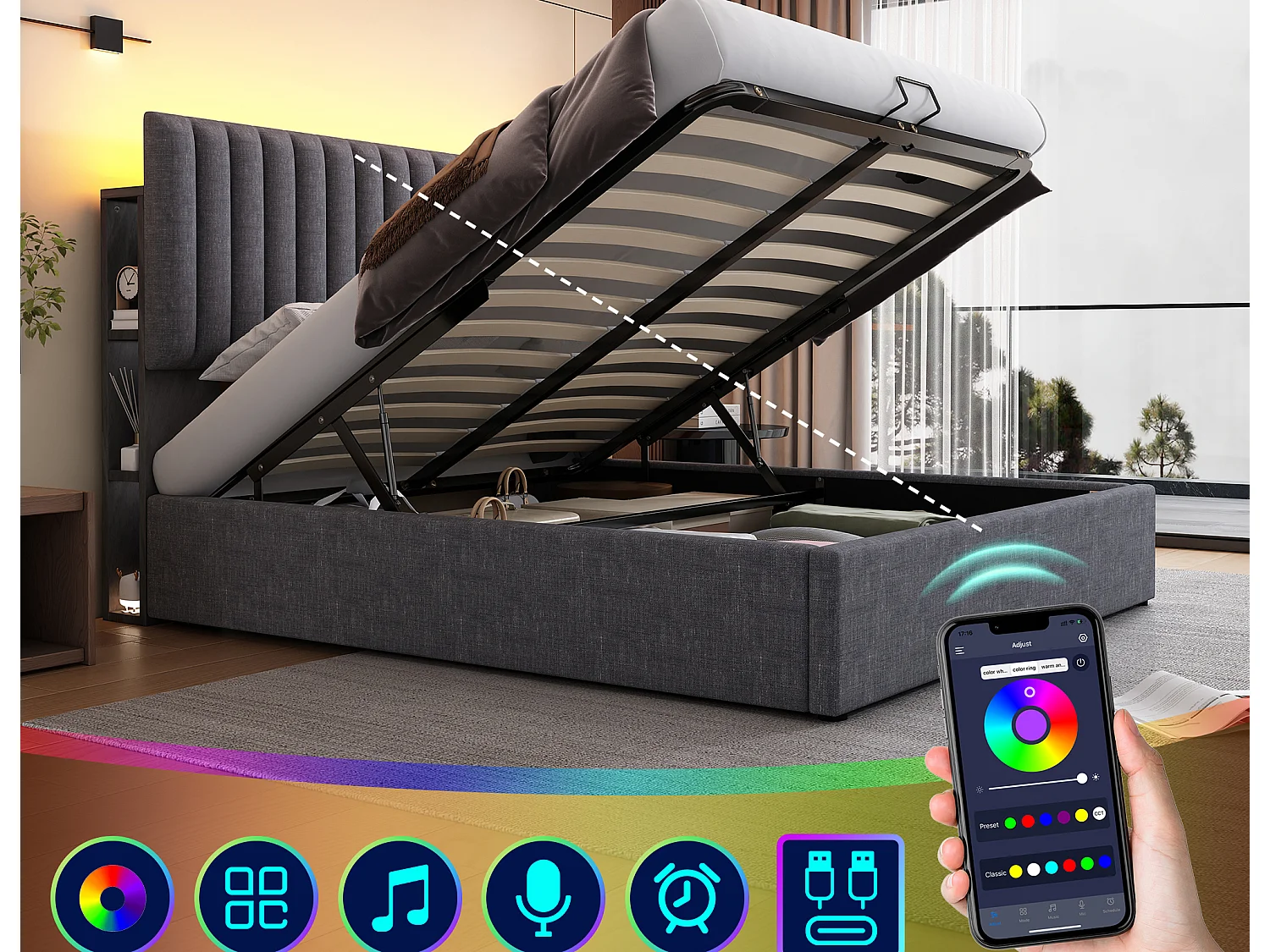 Letto contenitore adulto 160 x 200 cm con testiera regolabile - USB + Type C + LED - tessuto lino - grigio