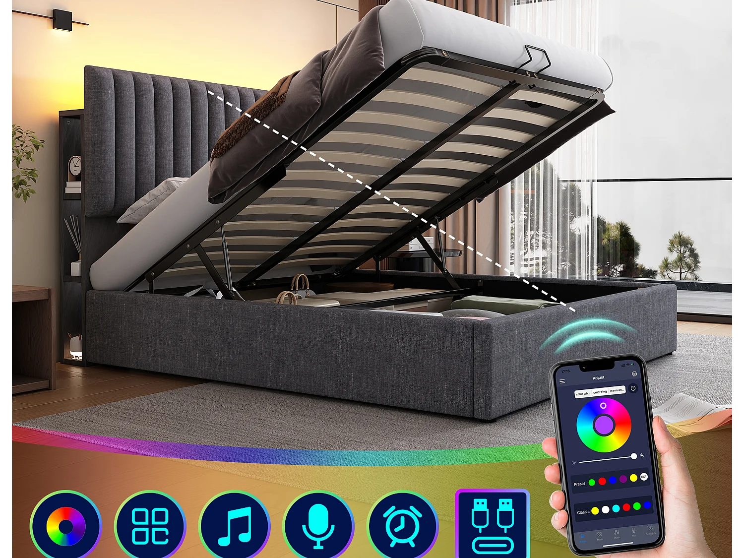 Cama contenedor para adultos 160 x 200 cm con cabecera ajustable - USB + Tipo C + LED - tejido de lino - gris