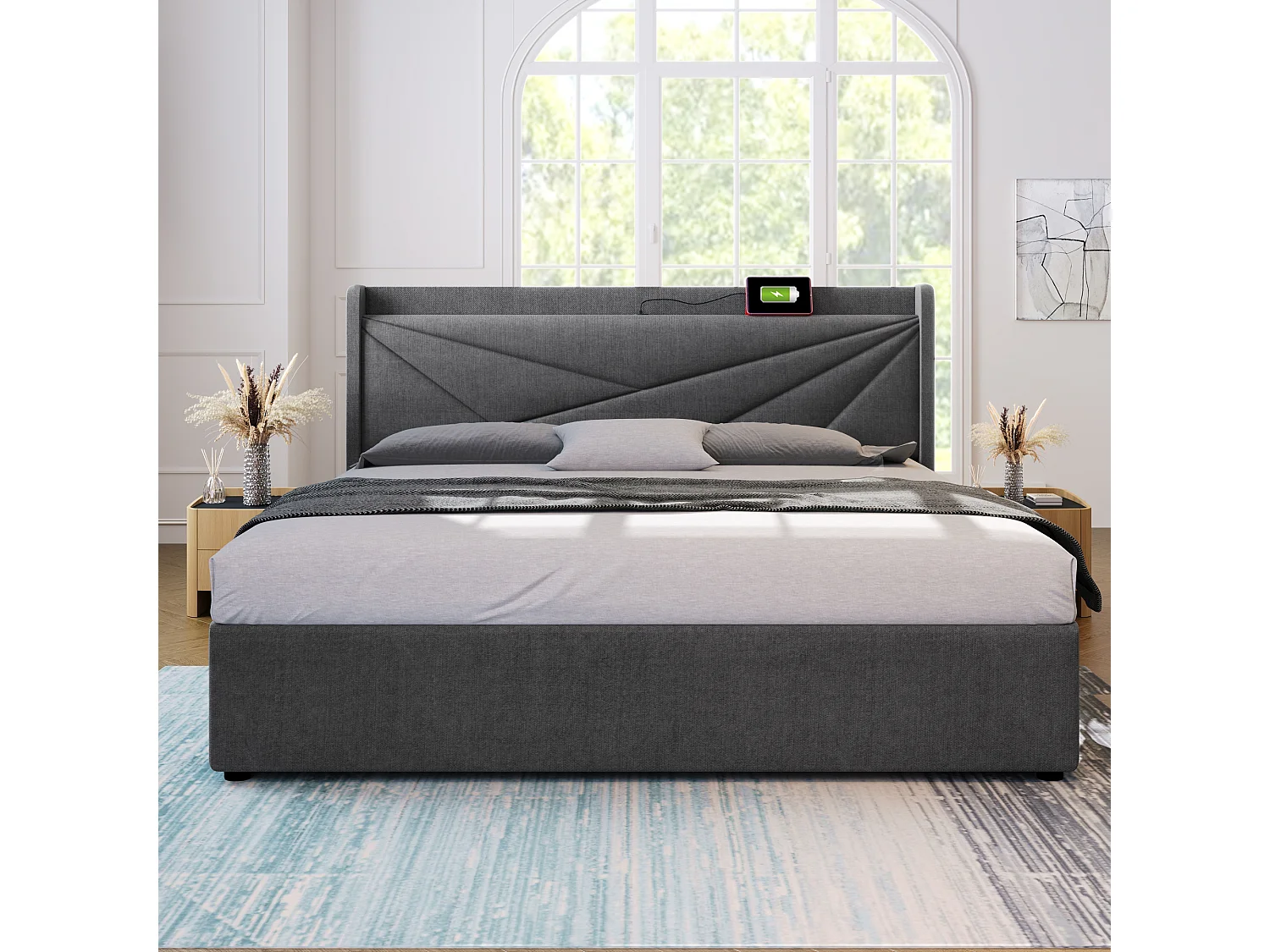 Łóżko ze schowkiem 160 x 200 cm z zagłówkiem - USB + typ C - tkanina lniana - szare